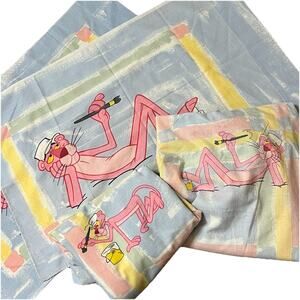 Vtg Pink Panther Painting 1981 Bedding Sheet Set Flat Fitted Pillowcase UA TWIN
